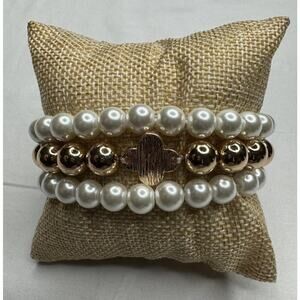 What’s Hot Set Of 3 Faux Pearl Gold Tone Bead Clover Leaf Bracelets Stretch New​